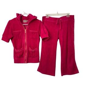 Juicy Couture Vintage Y2K Pretty In Pink Magenta Terry Cloth Crop Tracksuit M/L